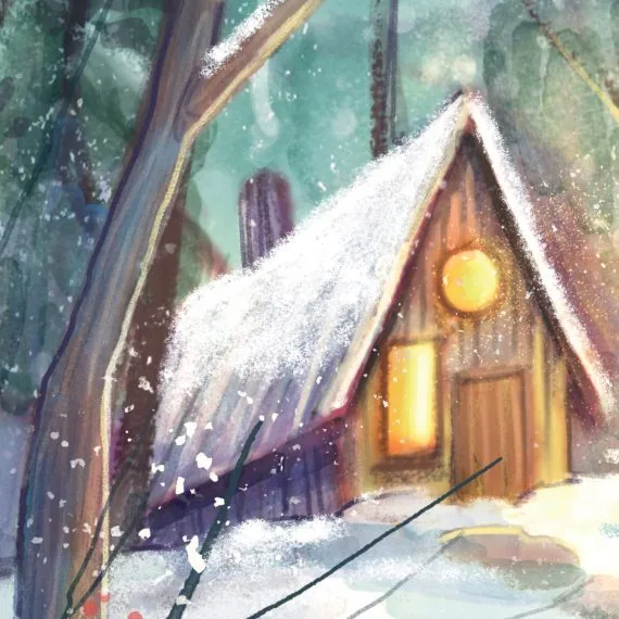 A snow-covered cabin glowing warmly in the winter forest