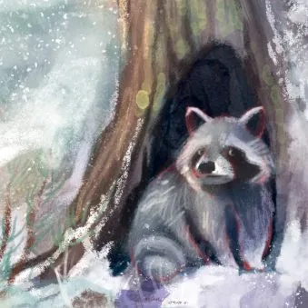 A raccoon peeking out from a hollow at the base of a tree
